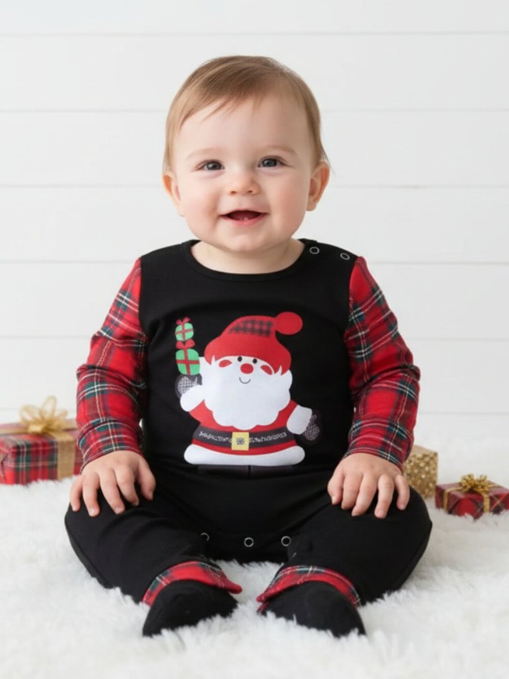 Buffalo Plaid Santa Romper, Baby, Infant, Winter, holiday, unisex